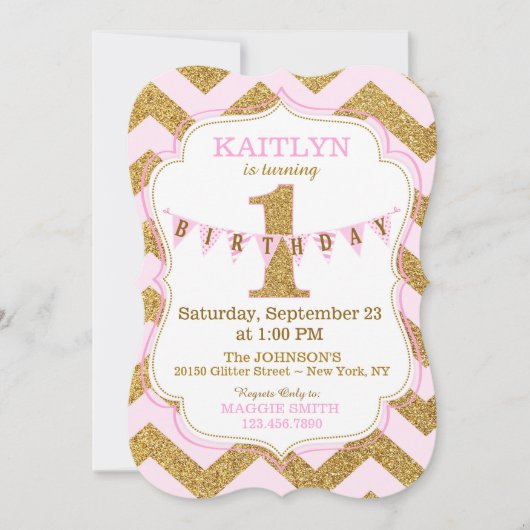 Pink Gold Glitter Sparkle First Birthday Invite Kaart (Voorkant)
