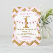Pink Gold Glitter Sparkle First Birthday Invite Kaart (Staand voorkant)