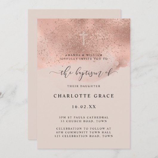 Pink Gold Glitter Sparkle Script Doop Kaart (Voorkant / Achterkant)