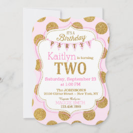 Pink Gold Glitter Sparkle Second Birthday Invite Kaart