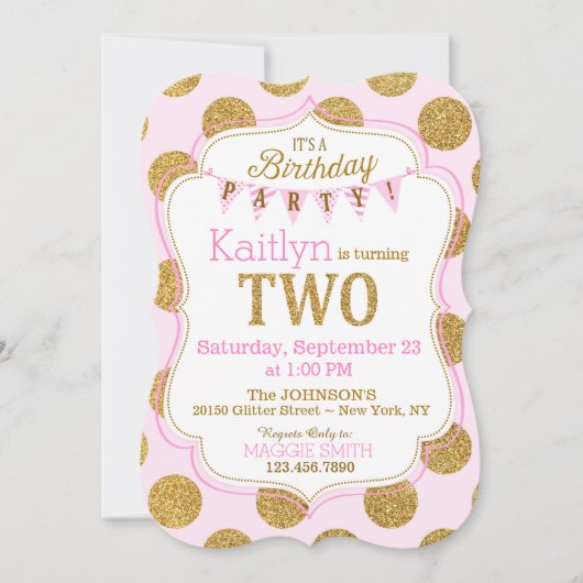 Pink Gold Glitter Sparkle Second Birthday Invite Kaart (Voorkant)