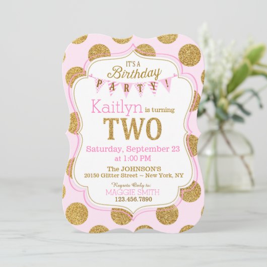 Pink Gold Glitter Sparkle Second Birthday Invite Kaart (Staand voorkant)