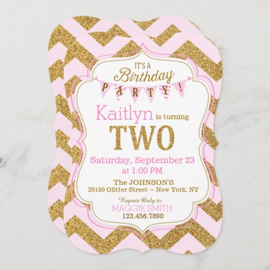 Pink Gold Glitter Sparkle Second Birthday Invite Kaart (Voorkant / Achterkant)