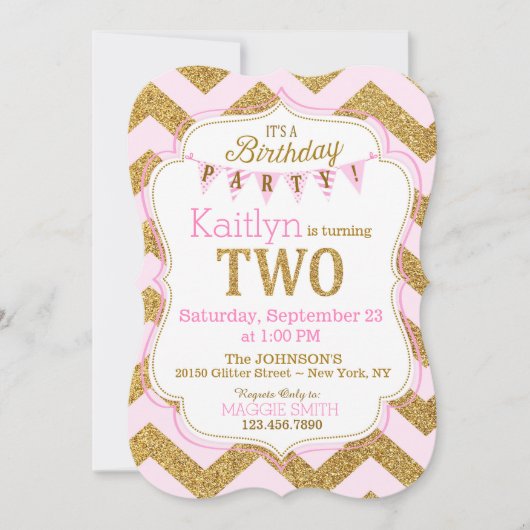 Pink Gold Glitter Sparkle Second Birthday Invite Kaart (Voorkant)