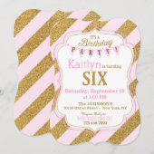 Pink Gold Glitter Sparkle Zesde Verjaardag Uitnodi Kaart (Voorkant / Achterkant)