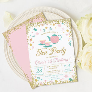 Pink Gold Glitter Tea Party Girls Birthday Kaart