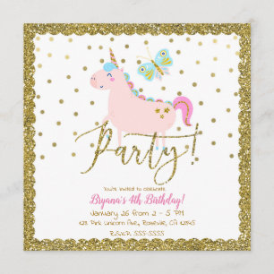 Pink & Gold Glitter Unicorn Girls Birthday Party Kaart