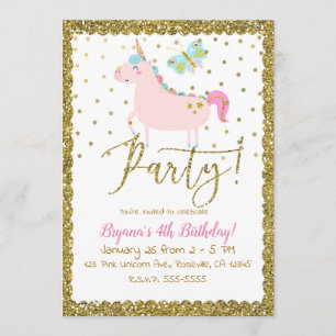 Pink & Gold Glitter Unicorn Girls Birthday Party Kaart