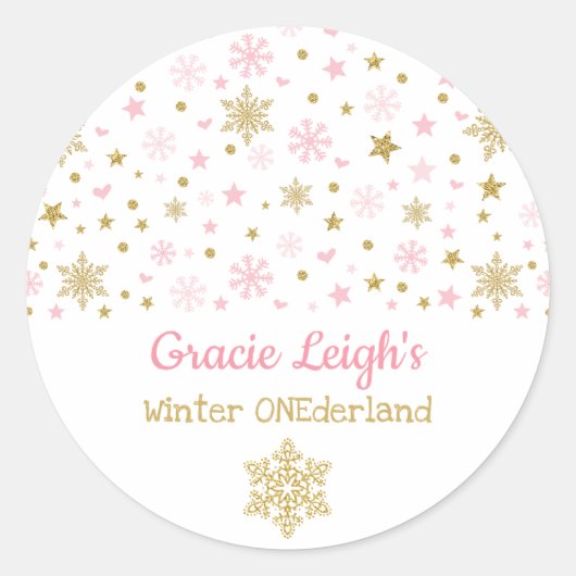 Pink Gold Glitter Winter Snowflake ONEderland Baby Ronde Sticker (Voorkant)