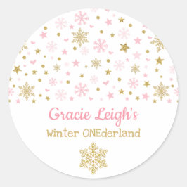 Pink Gold Glitter Winter Snowflake ONEderland Baby Ronde Sticker