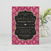 Pink & Gold Heart Damask Galentine's Dinner Party Kaart (Staand voorkant)