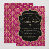 Pink & Gold Heart Damask Galentine's Dinner Party Kaart (Voorkant / Achterkant)