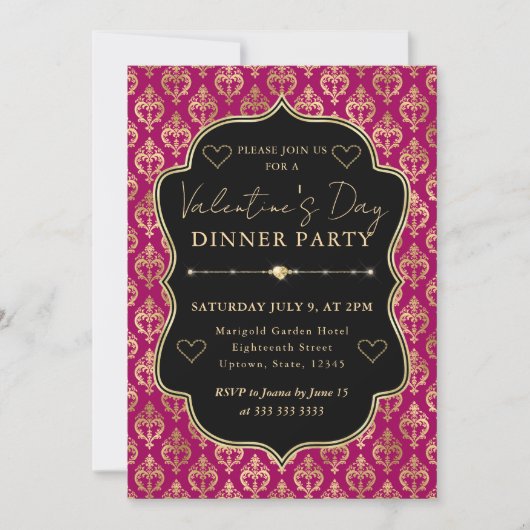 Pink & Gold Heart Damask Valentine's Dinner Party Kaart (Voorkant)