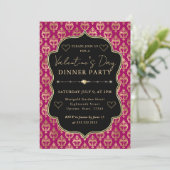 Pink & Gold Heart Damask Valentine's Dinner Party Kaart (Staand voorkant)