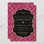 Pink & Gold Heart Damask Valentine's Dinner Party Kaart (Voorkant / Achterkant)