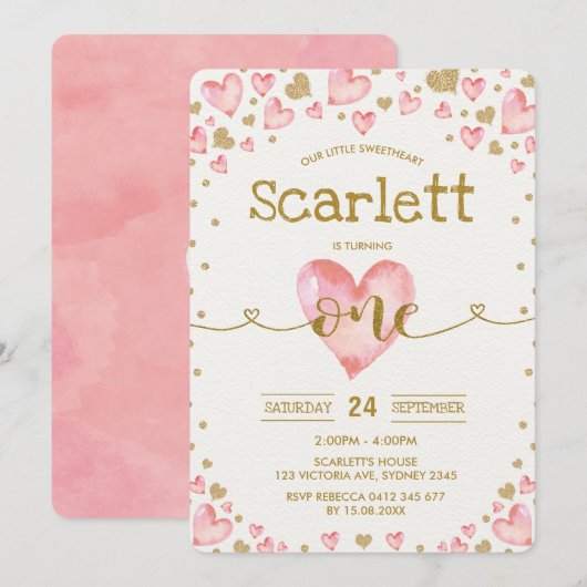 Pink Gold Hearts Sweetheart 1e verjaardag Uitnodig Kaart (Voorkant / Achterkant)