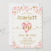 Pink Gold Hearts Sweetheart 1e verjaardag Uitnodig Kaart (Voorkant)