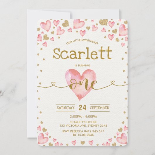 Pink Gold Hearts Sweetheart 1e verjaardag Uitnodig Kaart (Voorkant)