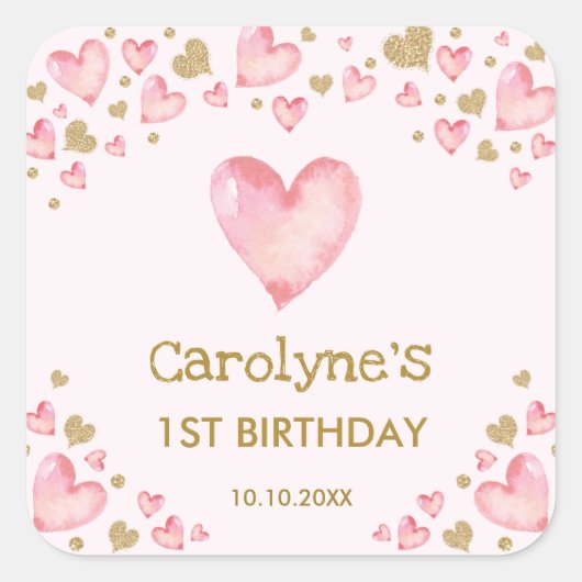 Pink Gold Hearts Sweetheart Verjaardag Baby shower Vierkante Sticker (Voorkant)