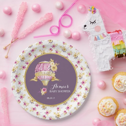Pink+Gold Hete Luchtballon Baby shower Gepersonali Papieren Bordje (Feest)