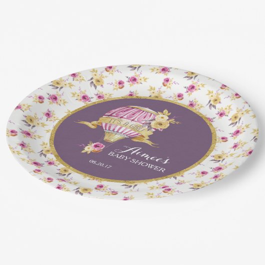 Pink+Gold Hete Luchtballon Baby shower Gepersonali Papieren Bordje (Gekanteld)
