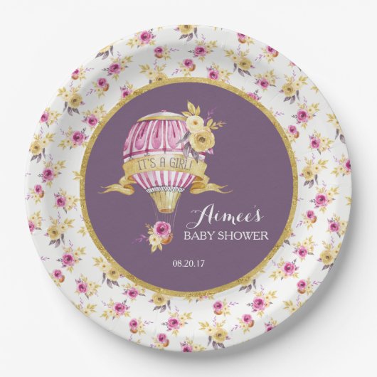 Pink+Gold Hete Luchtballon Baby shower Gepersonali Papieren Bordje (Voorkant)