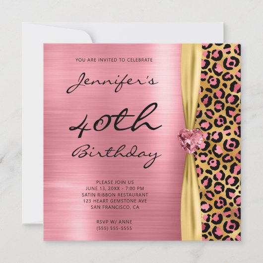 Pink Gold Leopard Folie Gem Ribbon 40th Birthday Kaart (Voorkant)