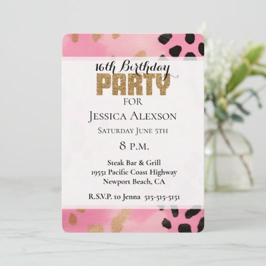 Pink Gold Leopard Gold Glitter Party Kaart (Staand voorkant)