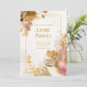 Pink Gold Line Monstera Leaf Botanical Wedding Kaart (Staand voorkant)