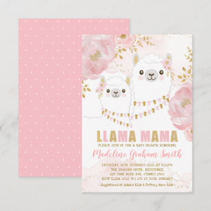 Pink Gold Llama Girl Baby shower Blush Floral Kaart