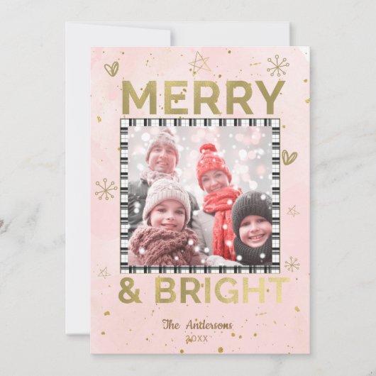 Pink Gold MERRY & BRIGHT Holiday Doodle Foto Feestdagenkaart (Voorkant)