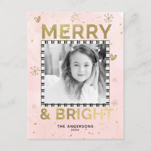 Pink Gold MERRY & BRIGHT Holiday Doodle Foto Feestdagenkaart
