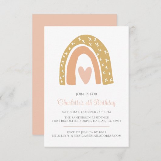 Pink Gold Minimalist Boho Rainbow Birthday Party Kaart (Voorkant / Achterkant)