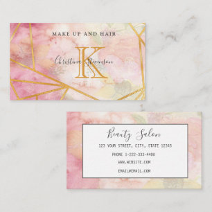 Pink Gold Monogram Floral Makeup Artist Hair Salon Visitekaartje