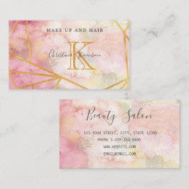 Pink Gold Monogram Floral Makeup Artist Hair Salon Visitekaartje