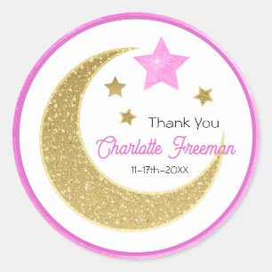 Pink Gold Moon & Stars Baby shower Dank u wel Ronde Sticker