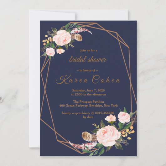 Pink Gold Navy Boho Chic Floral Vrijgezellenfeest Kaart (Voorkant)