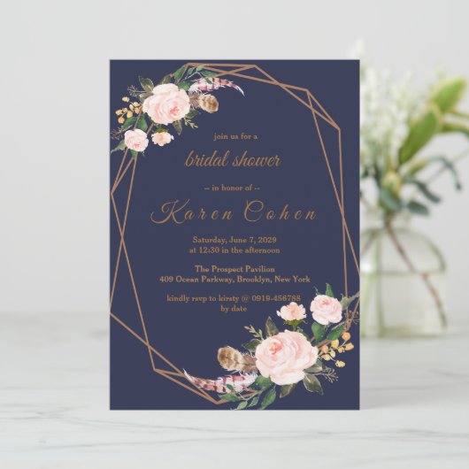 Pink Gold Navy Boho Chic Floral Vrijgezellenfeest Kaart (Staand voorkant)