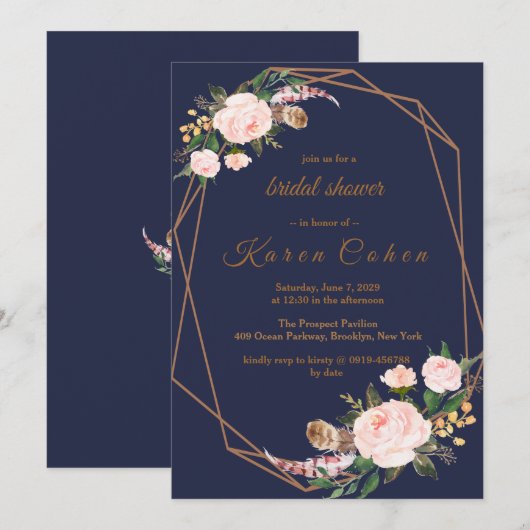 Pink Gold Navy Boho Chic Floral Vrijgezellenfeest Kaart (Voorkant / Achterkant)
