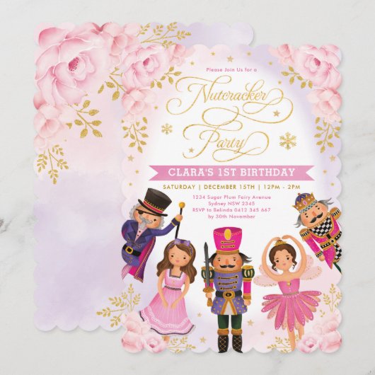 Pink Gold Nutcracker Party Winter Floral Birthday Kaart (Voorkant / Achterkant)