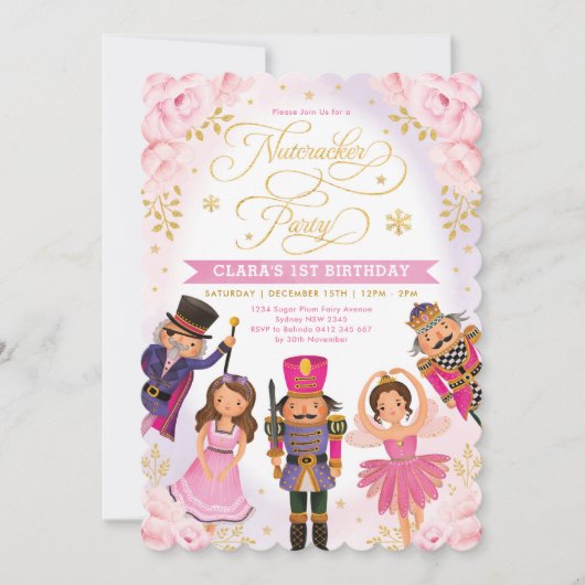 Pink Gold Nutcracker Party Winter Floral Birthday Kaart (Voorkant)