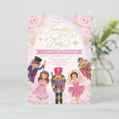 Pink Gold Nutcracker Party Winter Floral Birthday Kaart (Staand voorkant)