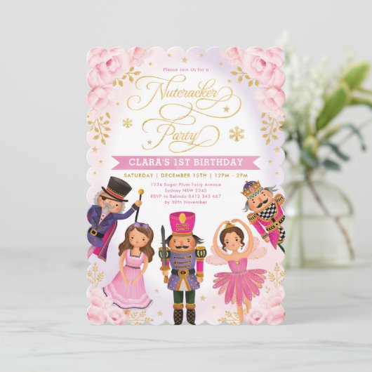 Pink Gold Nutcracker Party Winter Floral Birthday Kaart (Staand voorkant)