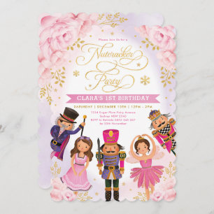 Pink Gold Nutcracker Party Winter Floral Birthday Kaart