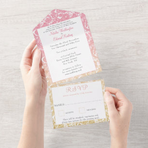 Pink Gold Ombre Paisley Henna Wedding RSVP All In One Uitnodiging