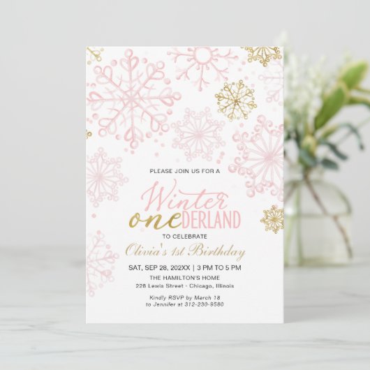 Pink Gold Onederland 1st Birthday Snowflake Kaart (Staand voorkant)