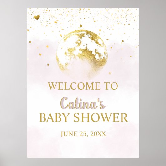 Pink Gold Over the Moon Baby shower Welkomstbord Poster (Voorkant)