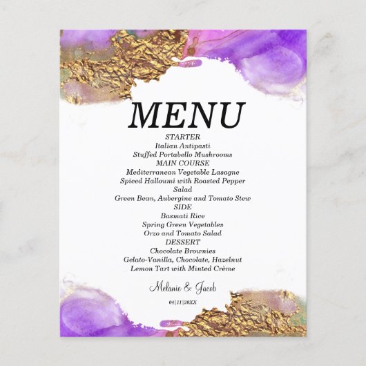 Pink Gold Paarse inkt flat-menukaart (Voorkant)