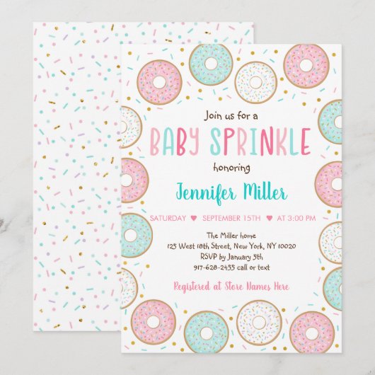 Pink Gold Pastel Donut Baby Sprinkle Kaart (Voorkant / Achterkant)