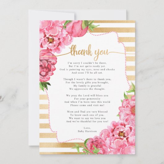 Pink Gold Peonies Baby shower bedankt Kaart (Voorkant)
